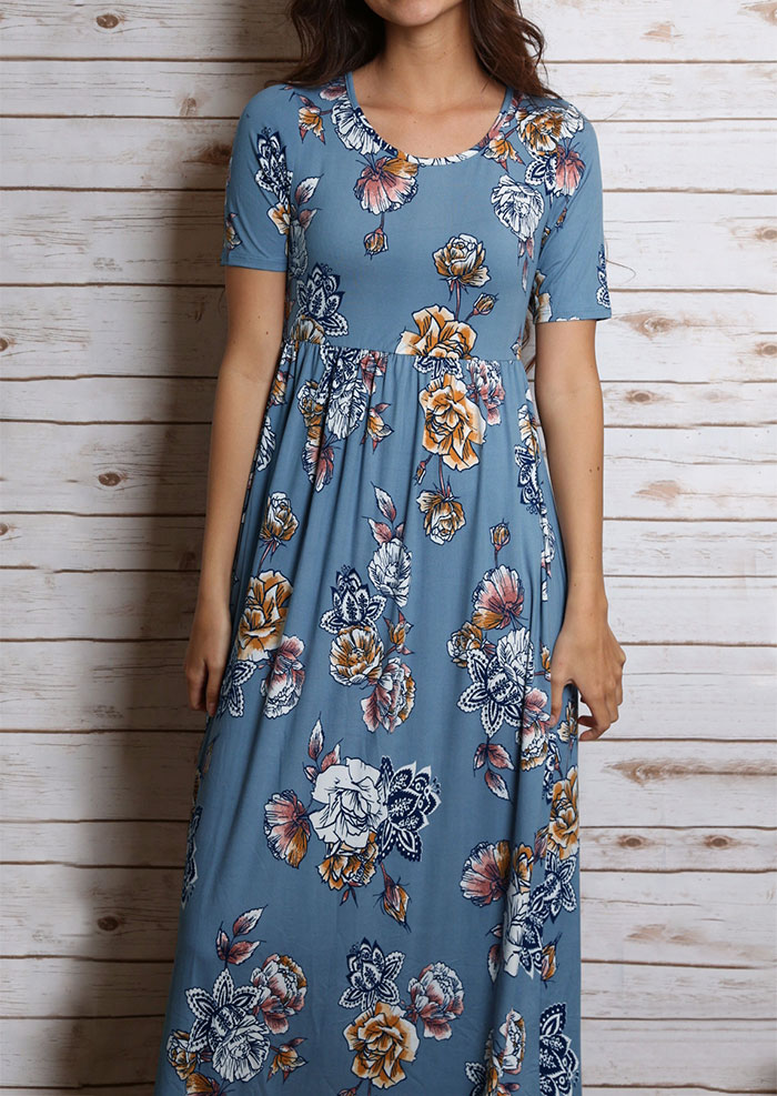 Floral Short Sleeve O-Neck Casual Maxi Dress - Bellelily