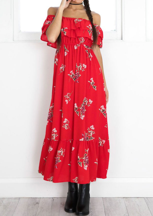 Floral Flouncing Off Shoulder Sexy Maxi Dress Without