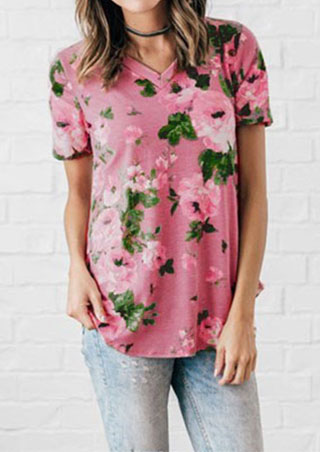 

Floral V-Neck Short Sleeve T-Shirt without Necklace, Pink, 131998