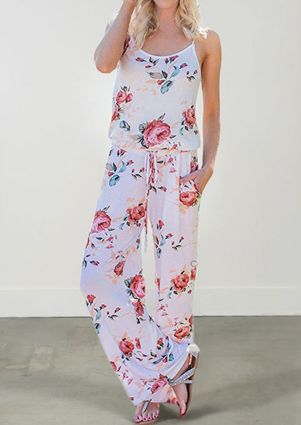 Floral Spaghetti Strap Pocket Jumpsuit without Necklace, White, 133036