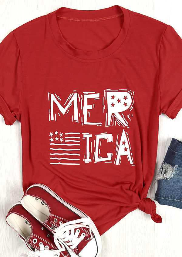 Merica American Flag Printed O-Neck T-Shirt - Bellelily