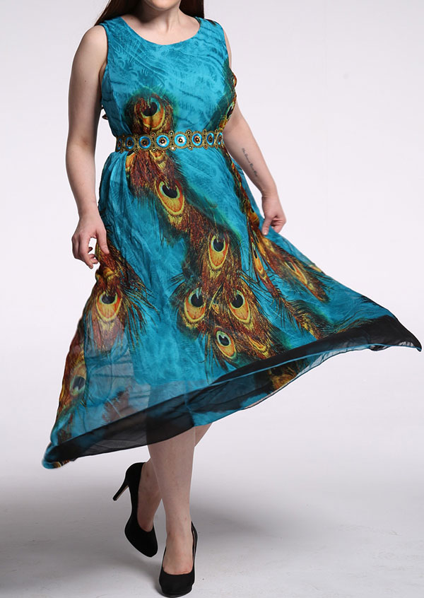 Peacock Feather Printed Maxi Dress - Bellelily