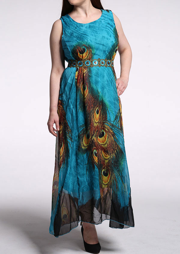 Peacock Feather Printed Maxi Dress Bellelily