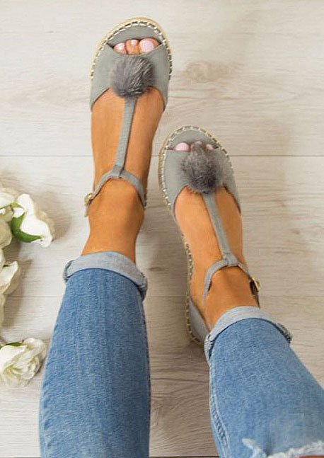

Solid Pompon Buckle Strap Flat Sandals, Beige;gray;pink, 151059
