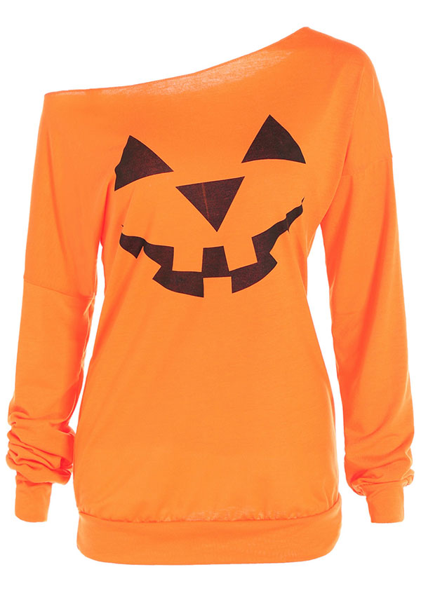 Halloween Pumpkin Printed One Shoulder Blouse