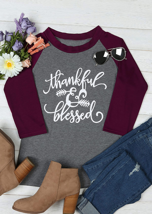 

Thankful & Blessed O-Neck Baseball T-Shirt, Gray, 157729