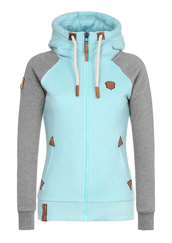 

Color Block Splicing Drawstring Pocket Zipper Hoodie, Light blue, 158991