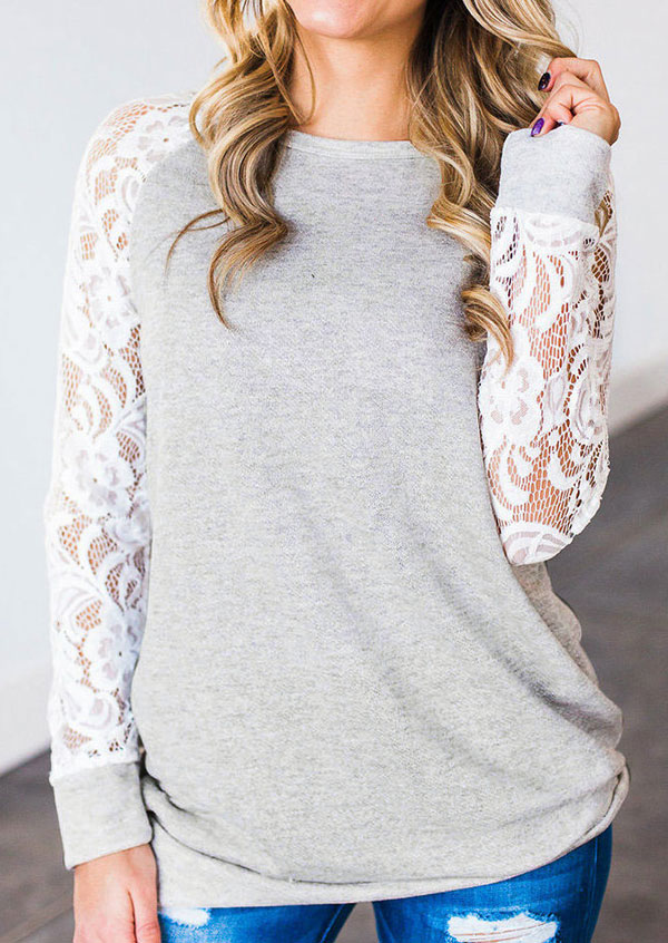 Lace Floral Splicing O-Neck T-Shirt