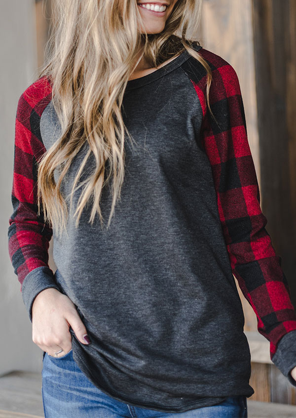 Plaid Splicing O-Neck Long Sleeve T-Shirt