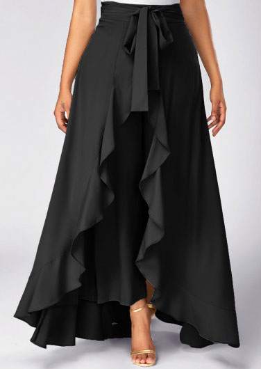 Solid Layered Asymmetric Skirt Side Pants - Bellelily