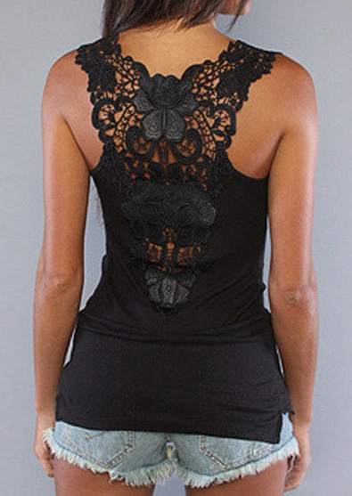 

Solid Lace Splicing Racerback Tank, Black, 79584