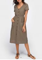 Solid Button Pocket Casual Dress