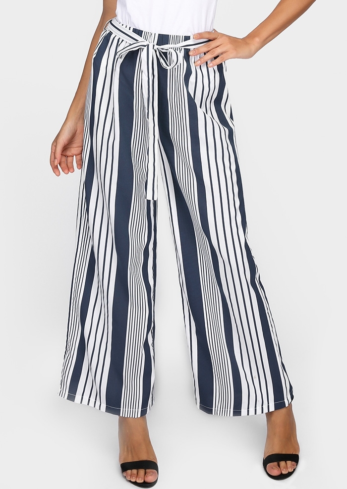 Wide Leg Belt Striped Pants