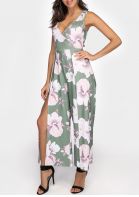Floral Wrap Tie Slit Sleeveless Jumpsuit