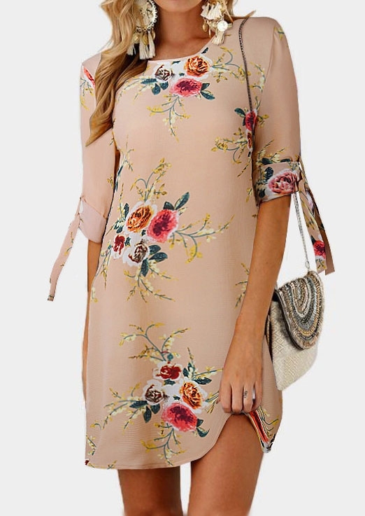 

Floral Tab-Sleeve O-Neck Mini Dress, Khaki, 401187