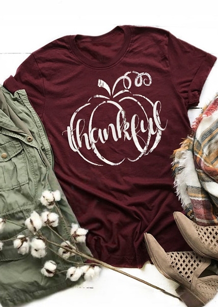 

Thankful Pumpkin O-Neck Short Sleeve T-Shirt, Burgundy, 416442