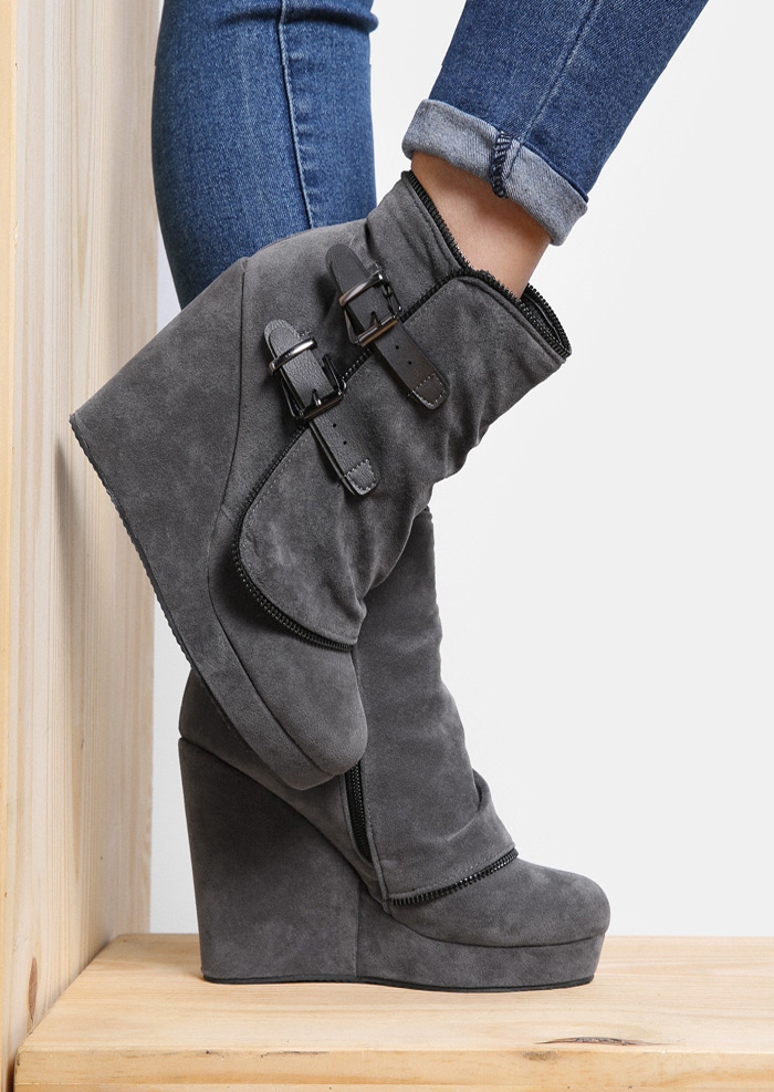 Solid Zipper Buckle Wedge Boots