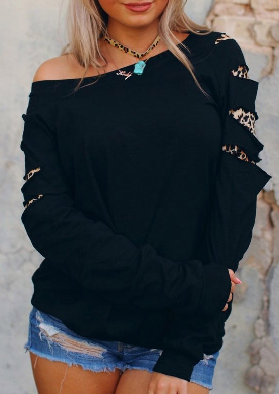 

Leopard One Shoulder Sweatshirt without Necklace, Black, 423620