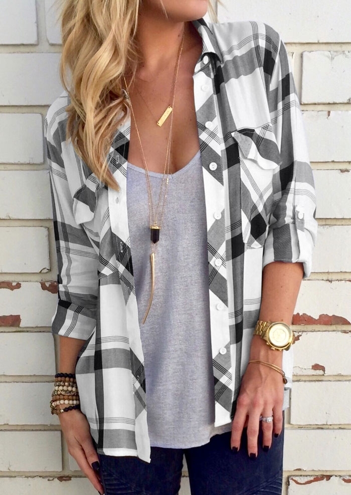 Plaid Pocket Tab-Sleeve Shirt Without Necklace