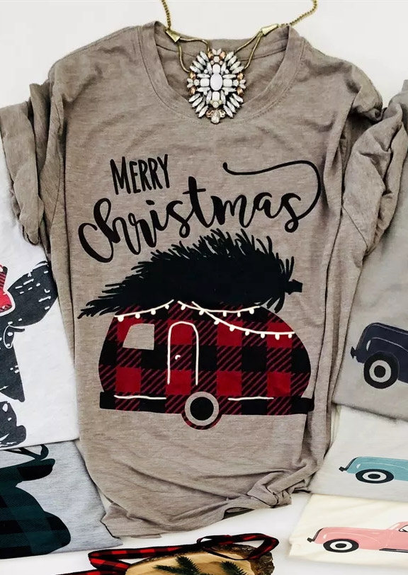Merry Christmas Plaid Car T-Shirt Tee