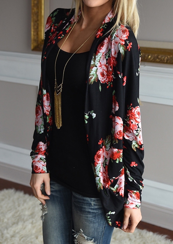 

Floral Long Sleeve Cardigan without Necklace, Black, 87242