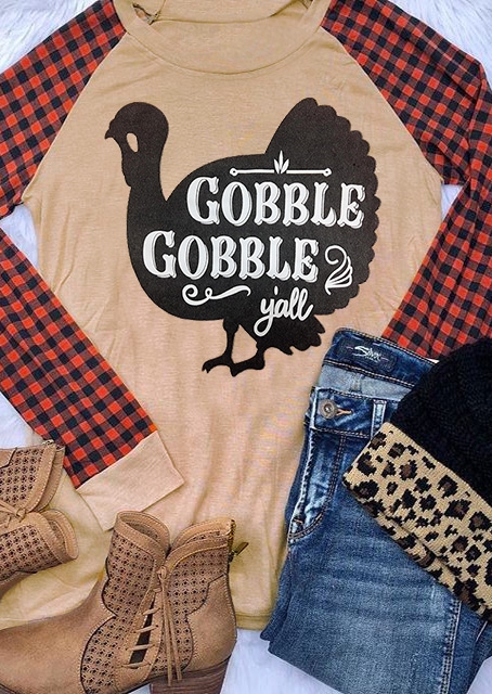 Turkey Plaid Gobble Y'all Baseball T-Shirt