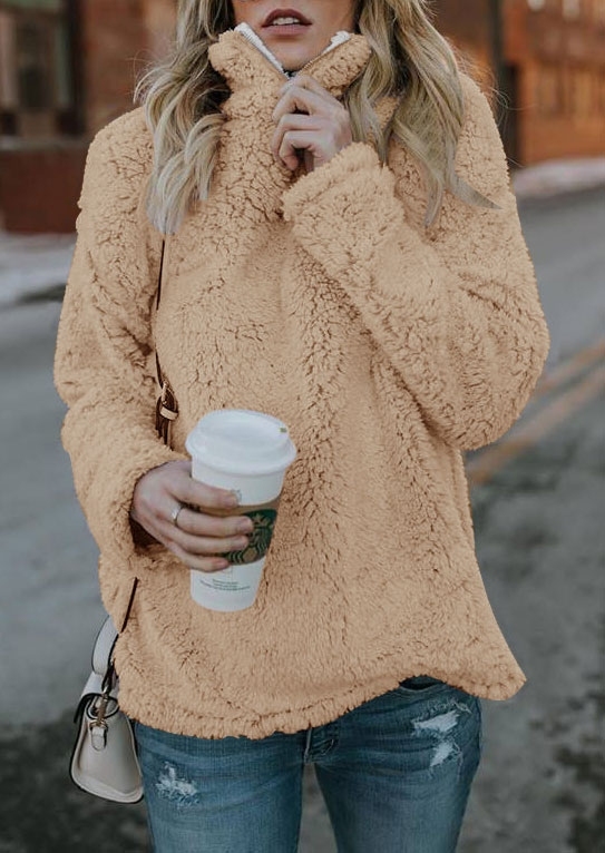 

Solid Plush Zipper Long Sleeve Hoodie, Light khaki, 425820