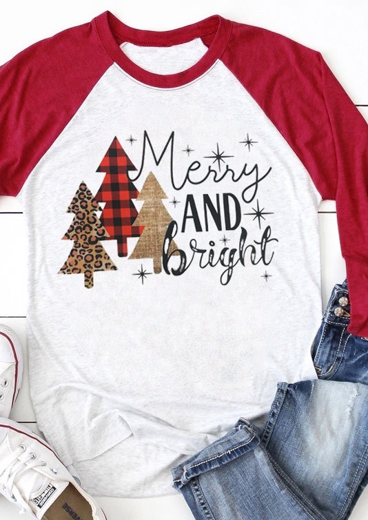 

Christmas Merry And Bright Baseball T-Shirt Tee, White, 429923