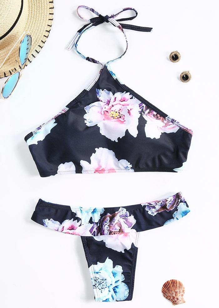 Floral Halter Open Back Tie Bikini Set Bellelily