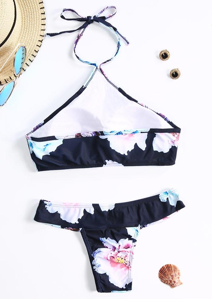 Floral Halter Open Back Tie Bikini Set Bellelily