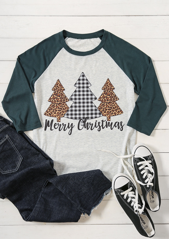 Merry Christmas Plaid Leopard Printed Tree Baseball T-Shirt Tee