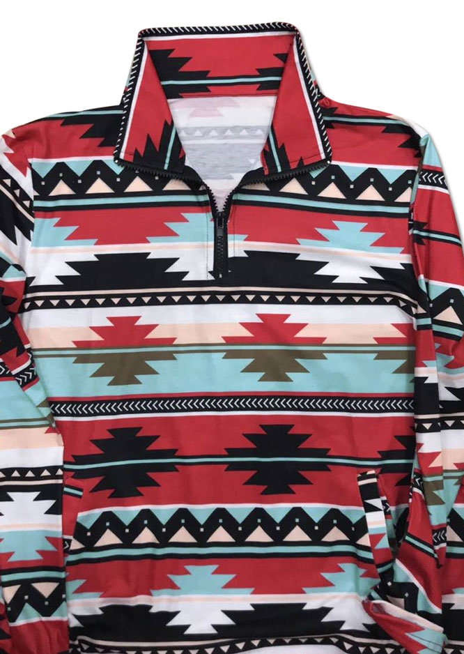 Striped Aztec Geometric Multicolor Zipper Sweatshirt