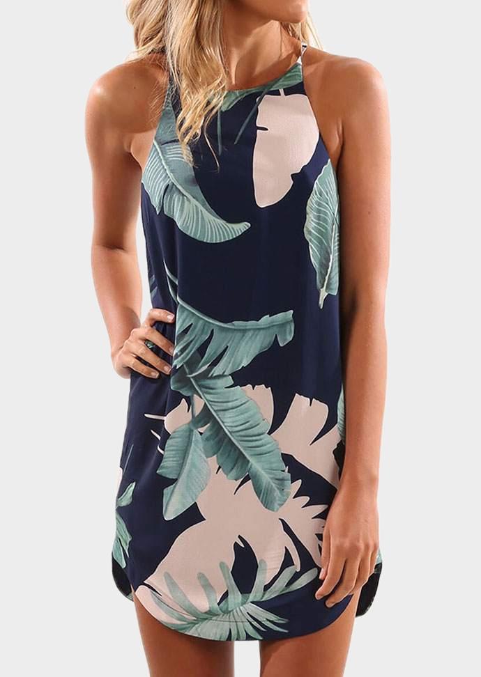 Leaf Printed Spaghetti Strap Mini Dress