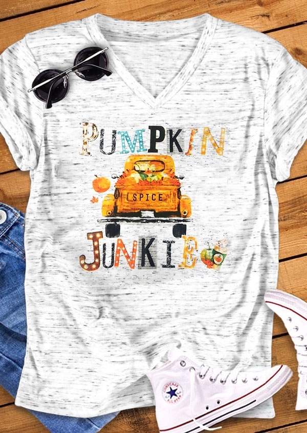 

Pumpkin Spice Junkie V-Neck Casual T-Shirt Tee, Light grey, 419934