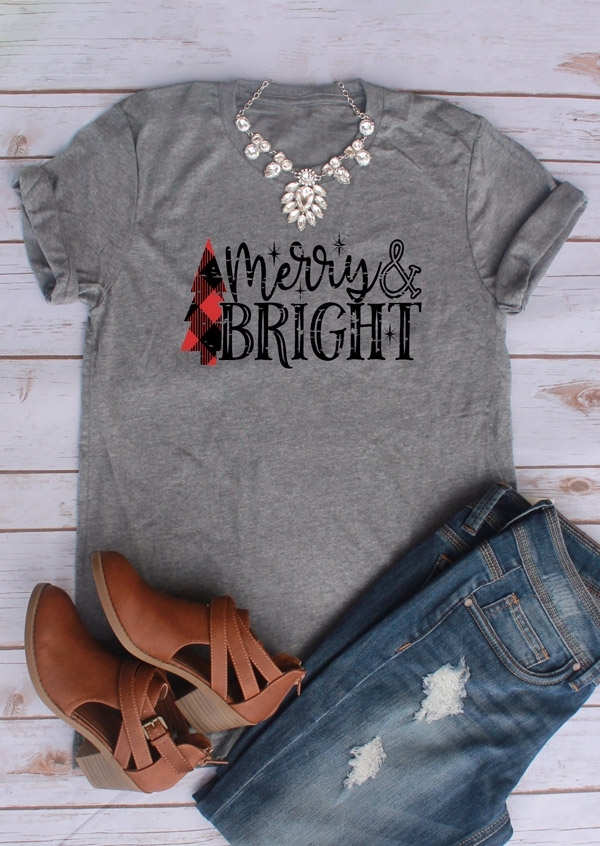 

Merry & Bright Tree O-Neck T-Shirt Tee, Gray, 420409