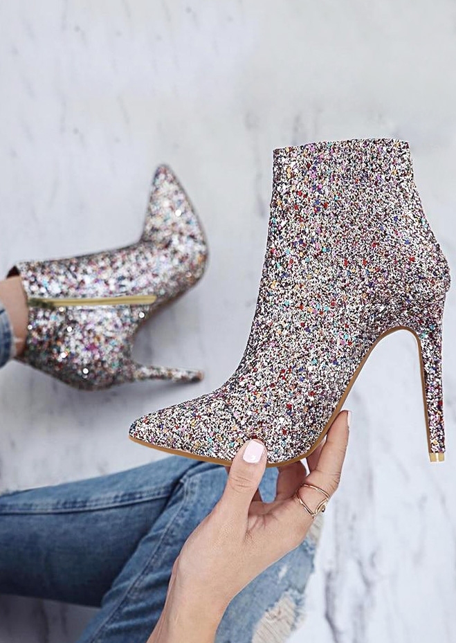 Glitter Zipper Pointed Toe Heels