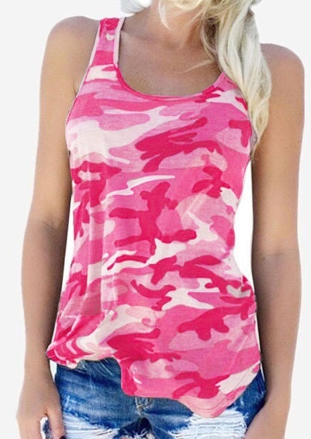 

Camouflage Printed O-Neck Tank, Pink;navy blue, 406566