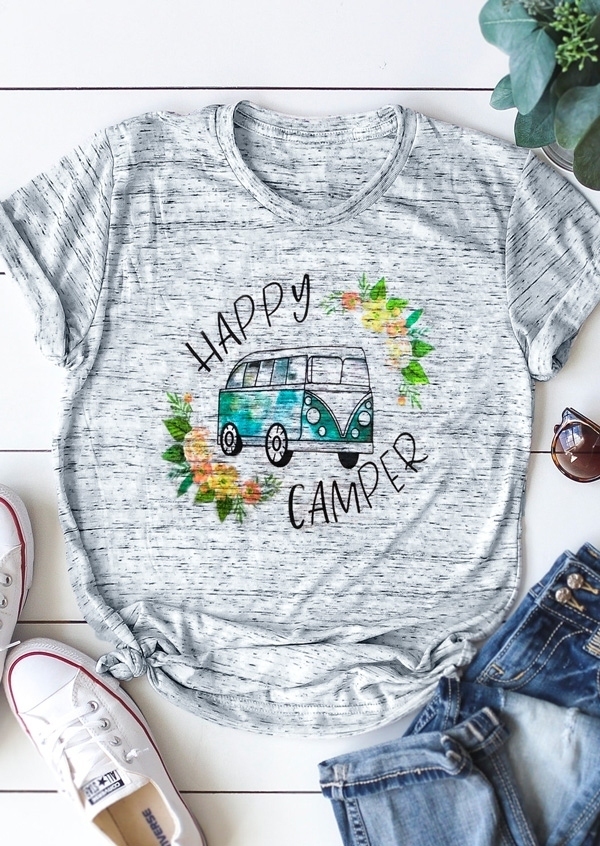 Happy Camper Floral O-Neck T-Shirt Tee