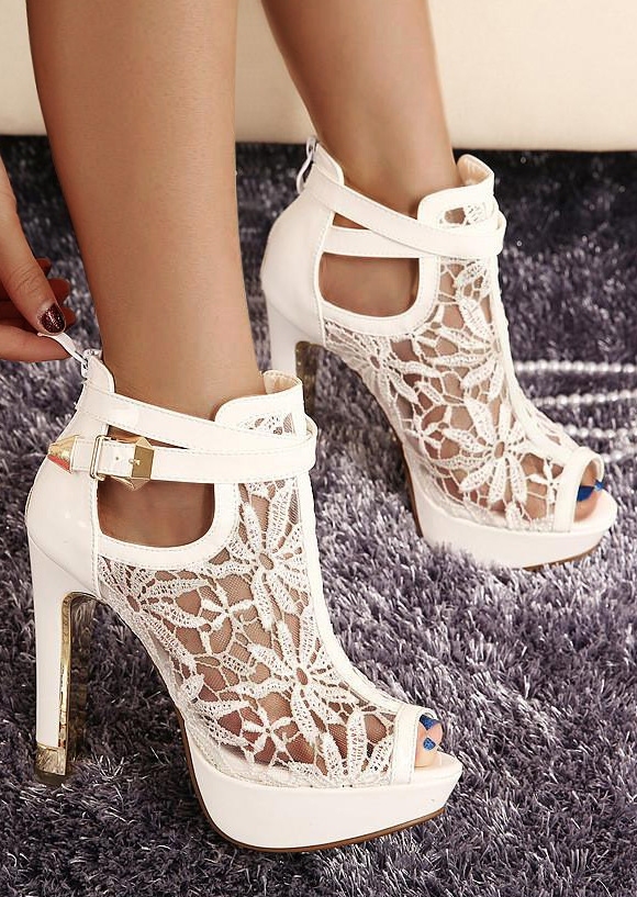 

Solid Lace Splicing Hollow Out Heeled Sandals, White, 436057