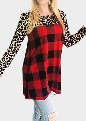 Leopard Printed Plaid Splicing Blouse