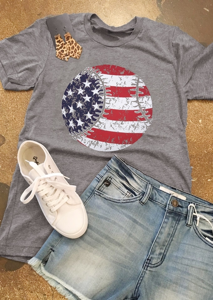 

American Flag Baseball Printed T-Shirt, Gray, 132819