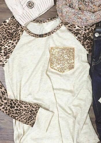 Buy Leopard Sequined Pocket T-Shirt Tee - White. Picture