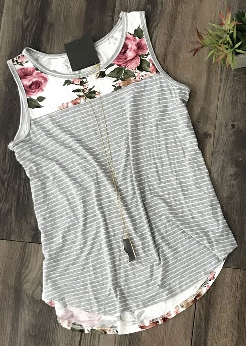 

Floral Striped Splicing O-Neck Tank, White, 144185
