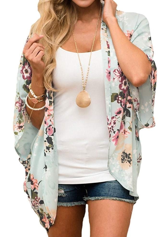 

Floral Batwing Sleeve Cardigan without Necklace, Green, 185522