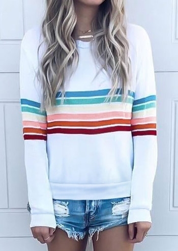 

Striped O-Neck Long Sleeve T-Shirt, White, 419616