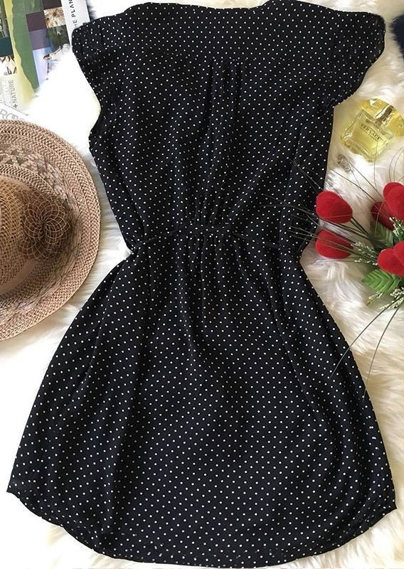 Polka Dot Tie V-Neck Mini Dress - Black