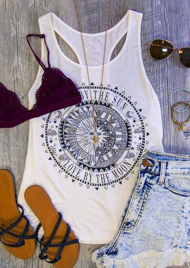 

Sunflower Live By The Sun Love By The Moon Tank without Necklace, White, 120057