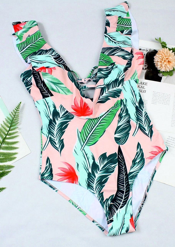 Leaf Ruffled One-Piece Swimsuit without Necklace