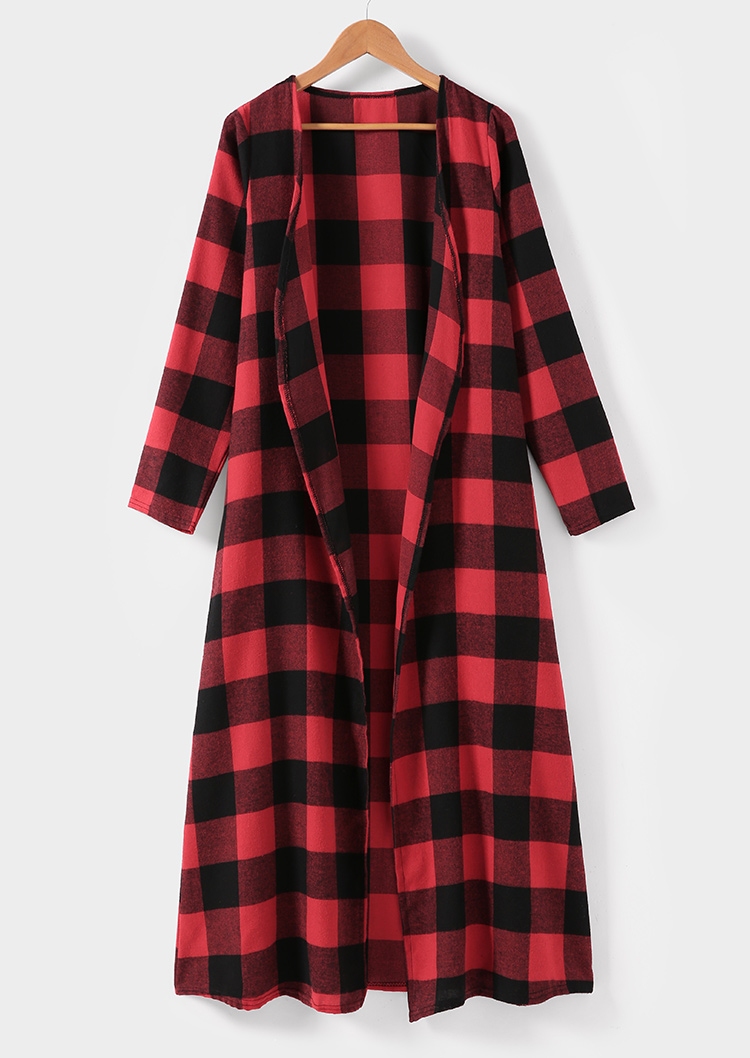 

Plaid Long Sleeve Cardigan without Necklace, Red, 426297