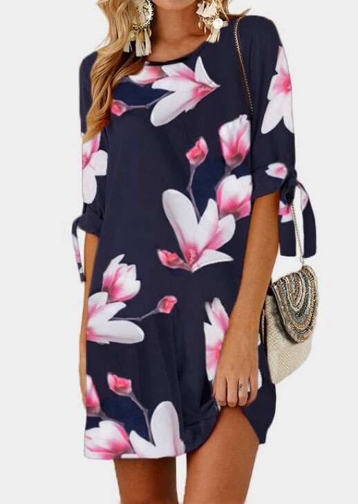 

Floral Tab-Sleeve Mini Dress, Navy blue, 411101